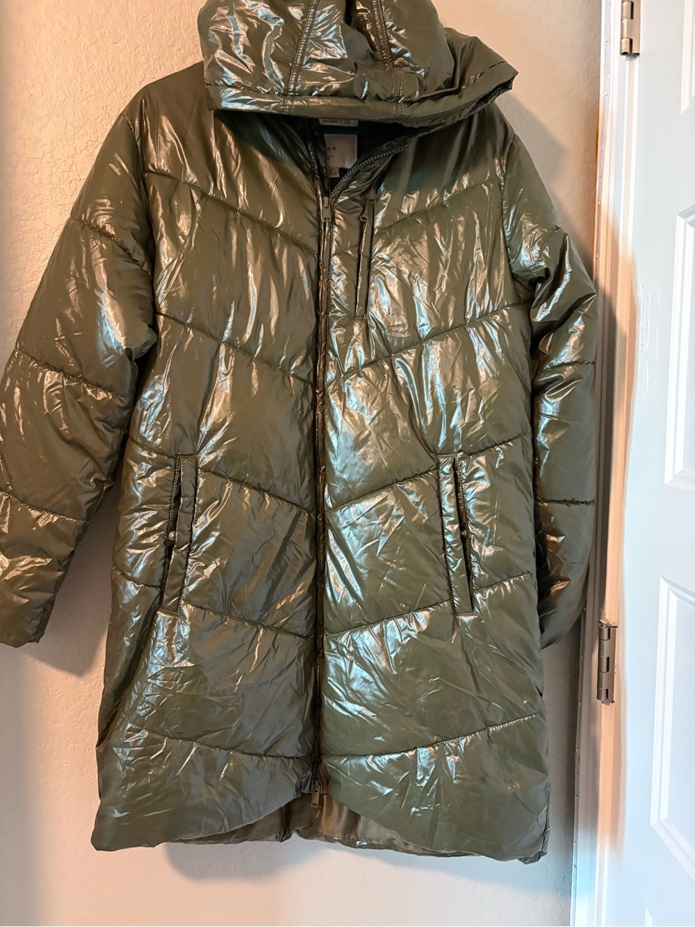 a new day Olive Green Shiny Puffer Coat with High Collar